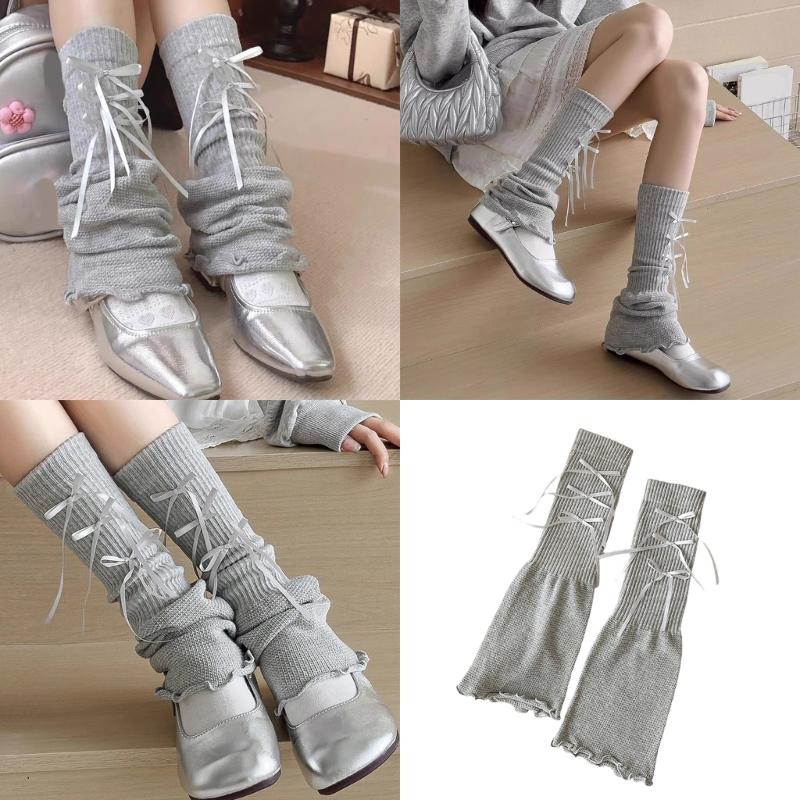 Middle Length Cotton Leg Warmers Decorative Bows Detail Leg Sleeve Socks For Winter Sports And Indoor Comfort