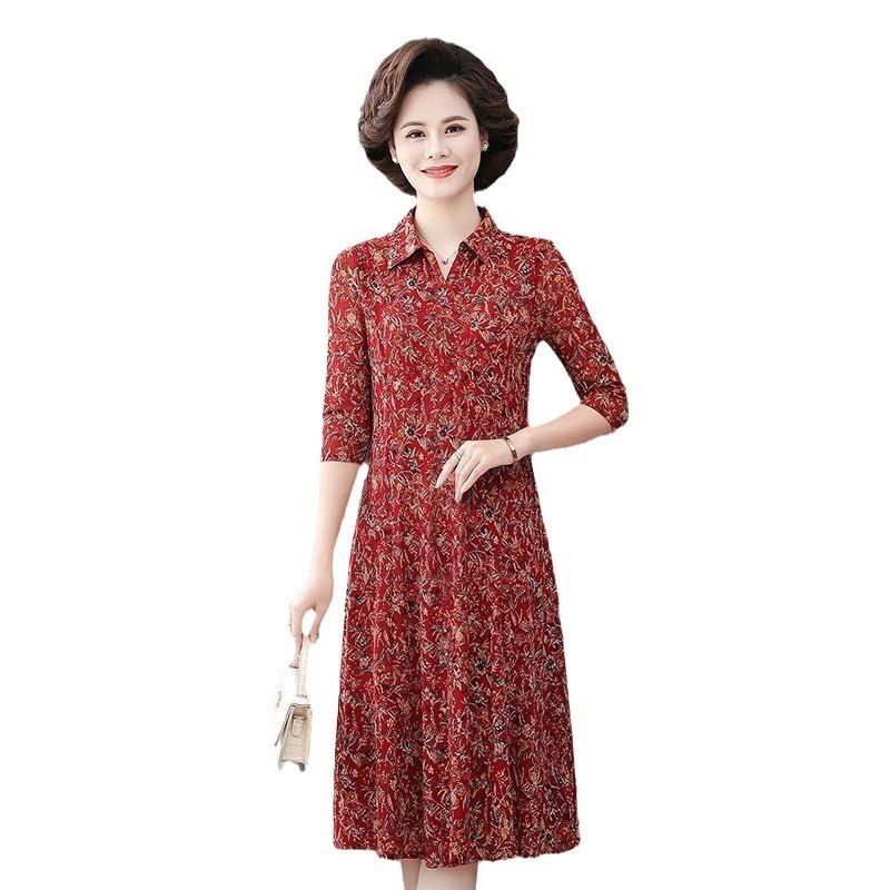 New Mother Suit Summer 7-quarter Sleeve Floral Dress Shirt Collar Mid-length Large Size Middle-aged Women's Clothing
