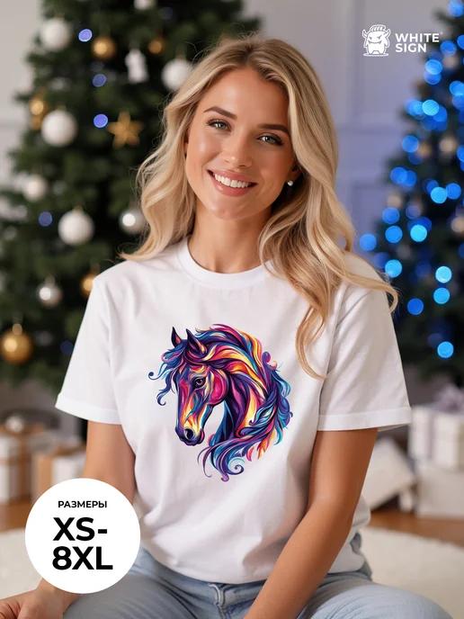 Oversized T-shirt with  Colorful Horse  New Year print M