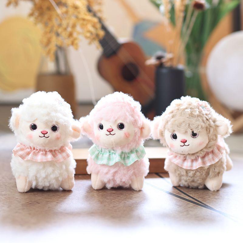 Cute Fluffy Lamb Plush Toy Soft Fuzzy Fabric Plaid Ruffle Collar Home Decor Ornament for Kids Birthday Party Gift
