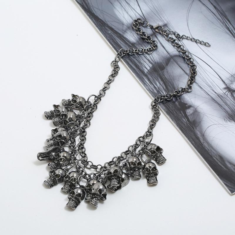 Punk Halloween Skull Necklace Statement Chain Jewelry with Front Drape and Alloy Finish for Concert and Party Outfits Daily