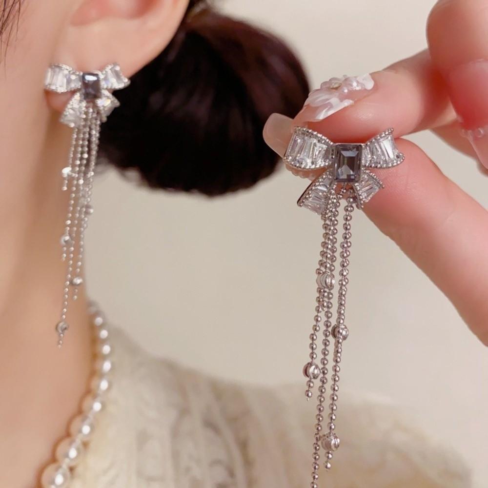 Fashion Long Tassel Butterfly Earrings Sweet Bowknot Zircon Rhinestone Earrings Shiny Crystal Tassel Earrings Girls Gifts