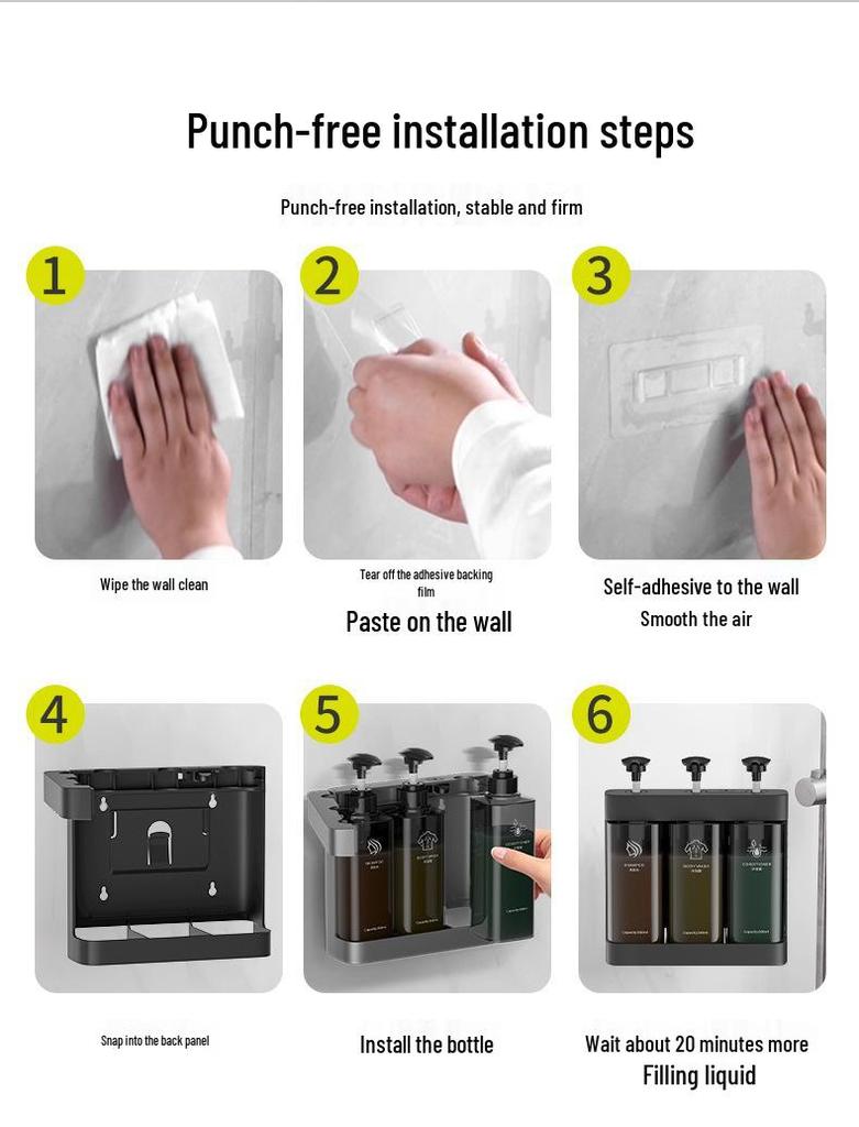 Punch-Free Wall-Mount Soap Dispenser for Shampoo & Shower Gel, Manual Press, Light Luxury Style