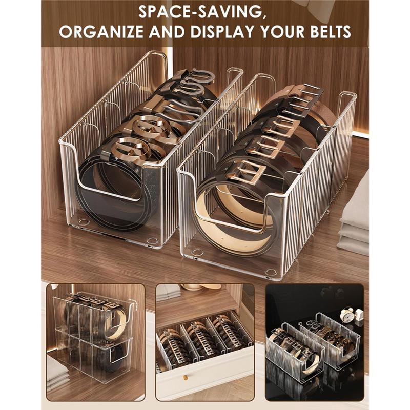Clear Belt Holder Display-1-Pack For Closet& Drawer Acrylic Belt Organizer 8 Detachable Compartments Fits Most Sizes
