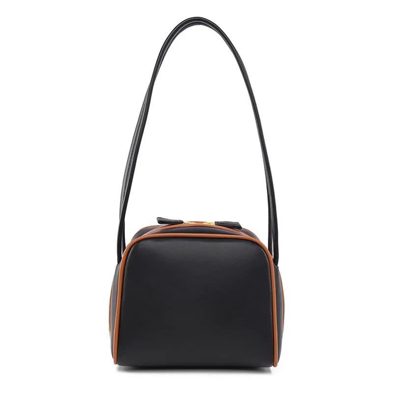 

Color Block Leather Bowling Bag High-quality Ctrast Trim Minimalist Handbag Women Double Shoulder Straps Commuter Underarm Bag