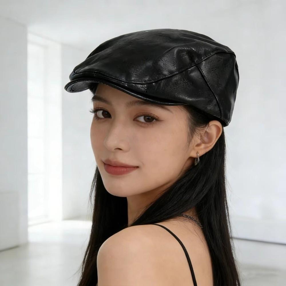 Spring Autumn Material Flat Cap PU Leather Duckbill Caps Fashion Peaked Hat Casual Wear