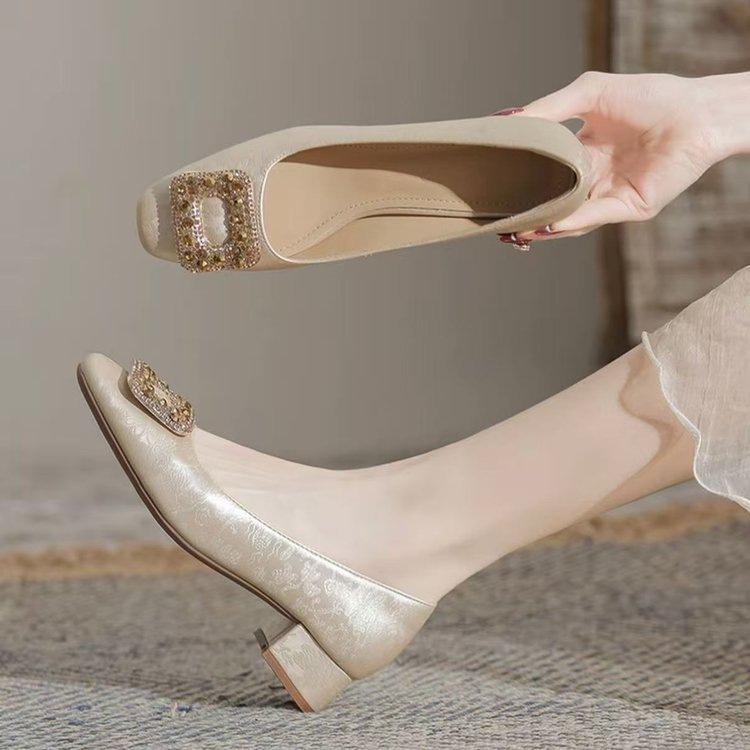 National style new Chinese single shoes annual temperament new rhinestone French thick heel high heels comfortable