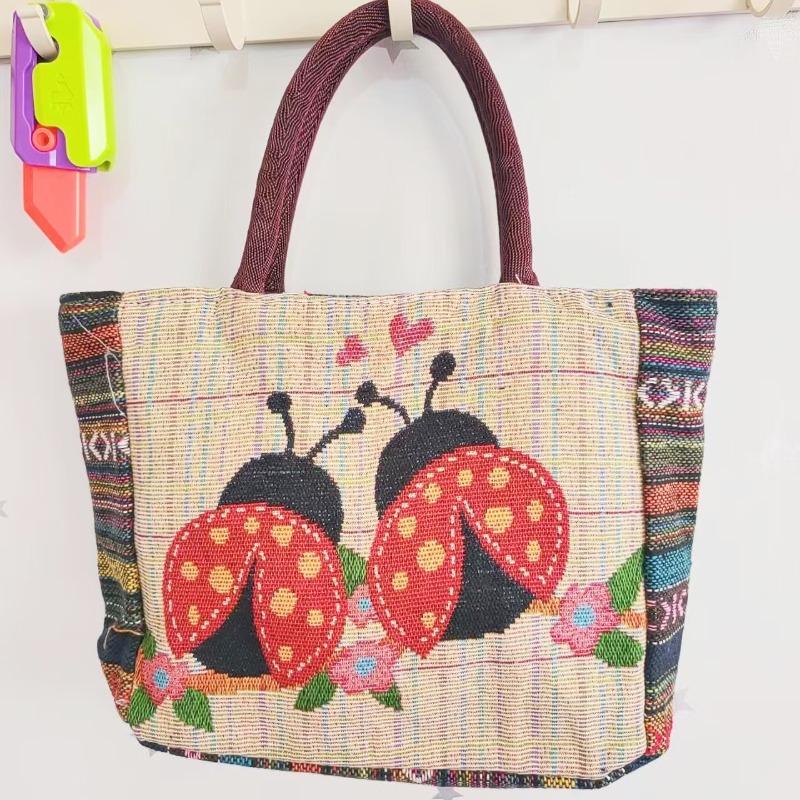 Canvas bag, women's large-capacity double-sided embroidered animal handbag, mommy bag, go shopping, handbag