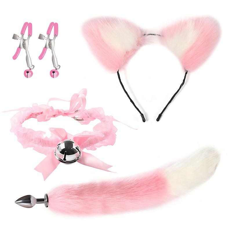 VaHppy SM Sex Toy Sets role-playing Fox 5pcs/lot Plush Anal Plug Tail Bell Collar Mouth Plugs White/Black/Pink Couple games
