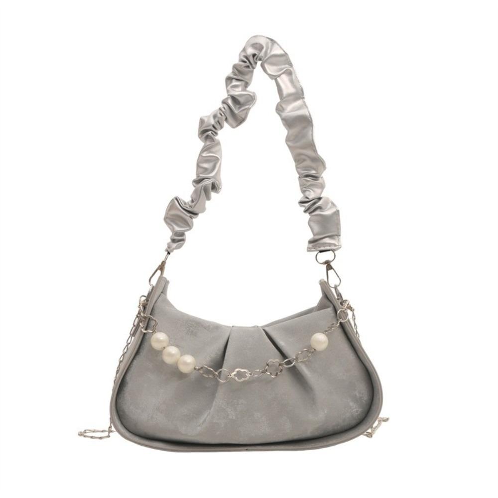 PU Leather Cloud Shoulder Bag Korean Style Pleated Handbag Pearl Chain Crossbody Bag  Office Worker