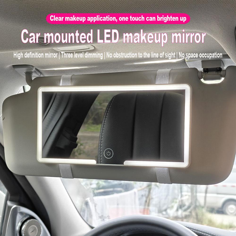 Car Makeup Mirror Sun Visor Plate LED HD Makeup Mirror Girl Women Rechargeable Fill Light Thin Vanity Mirror 3 Brightness Levels