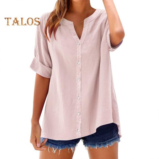 Women Shirt V-Neck Short Sleeve Buttons Placket Shirt Tops Solid Color Loose Fit Breathable Shirt Daily Wear