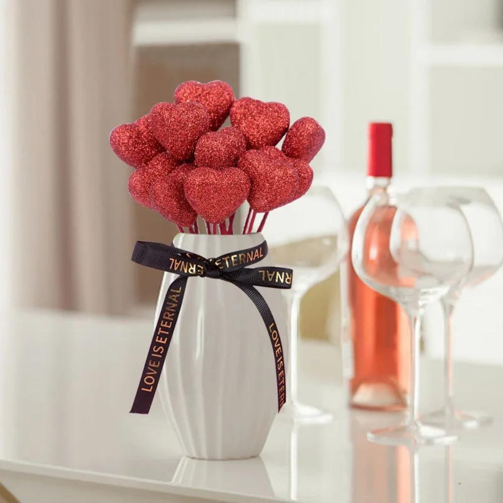 10pcs Love Heart Cake Toppers Red Pink Vase Picks Decor  Wedding Flower Bouquet