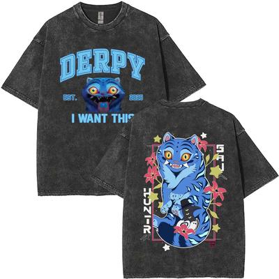 Movie KPop Demon Hunters Derpy Tiger Washed Vintage T-shirts for Fans Gift Men Women Cartoon Short Sleeve T Shirts