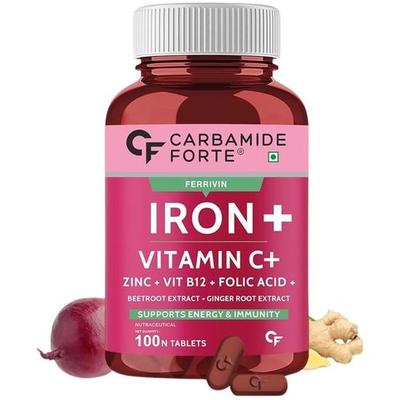 Carbamide Forte Iron Supplement for Women & Men | Folic Acid Tablets with Vitamin C, B12, Zinc | 100 Veg Iron Tablets for Women & Men