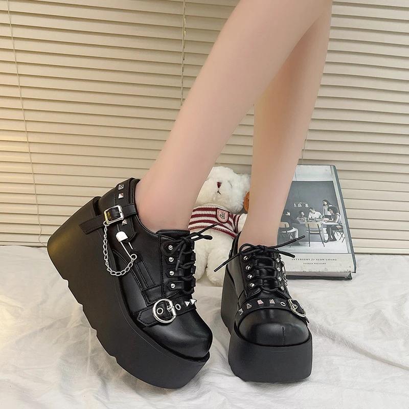 Fashion Retro Rock Shoes Boots For Women New Dark Punk Leather Shoes Metal Niche Low Top Platform Shoes For Women 8.5CM Thick soled