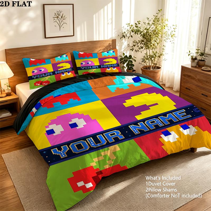 Custom Name,Pac Man Pattern Bedding Home Decoration Birthday Gift ( 1 Duvet Cover + 2 Pillowcase, Without Core),fan Merchandise.