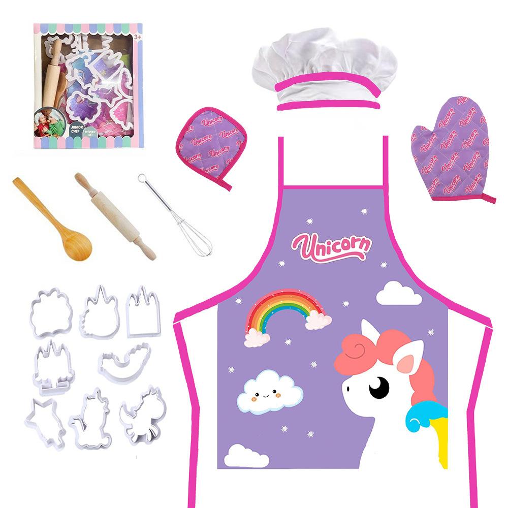 Kids Chef Costume Set Cartoon Dinosaur Baking Outfit Pretend Play Apron Toy for Boys Girls