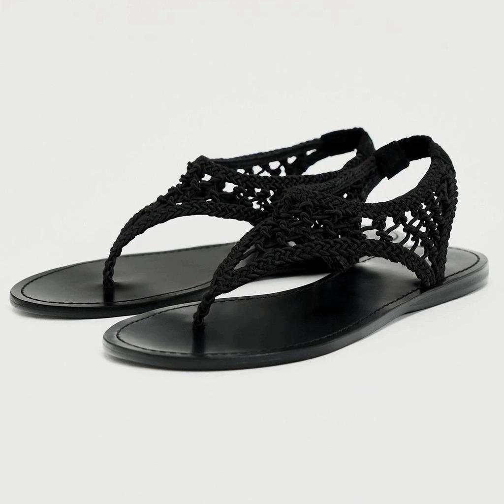 Niche Summer New Pinch Foot Handmade Knitted Flat Bottom One Pedal Cool Slippers Open Toe Black Mesh Hollow Sandals Women