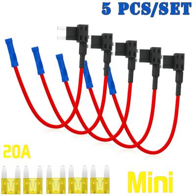 Universal 5 Pack 12V Car Add-A-Circuit Piggy Back Fuse Tap Adapter 16AWG 20A APM ATM Mini Fuse Blade Holder Small Fuse Extractor
