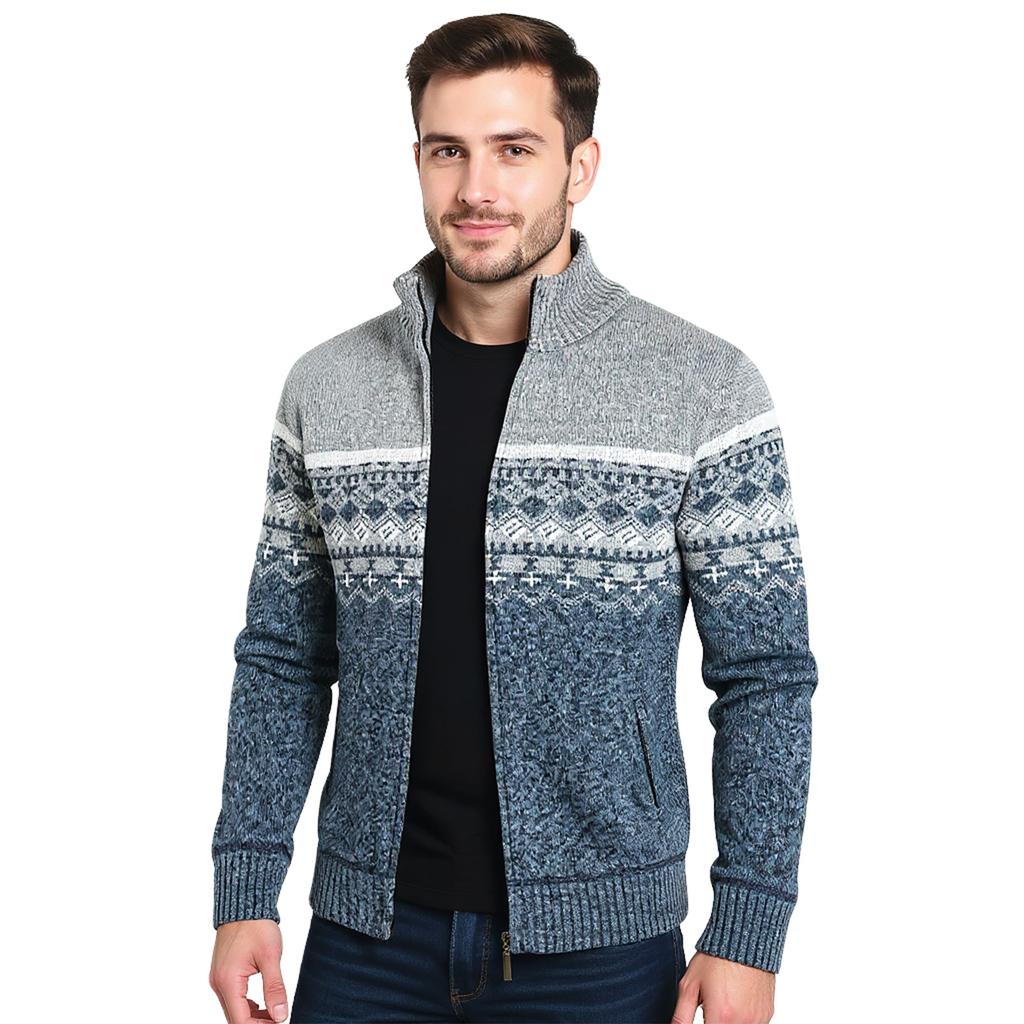 Men's Zippered Casual Knit Sweater With Stand-Up Collar Design