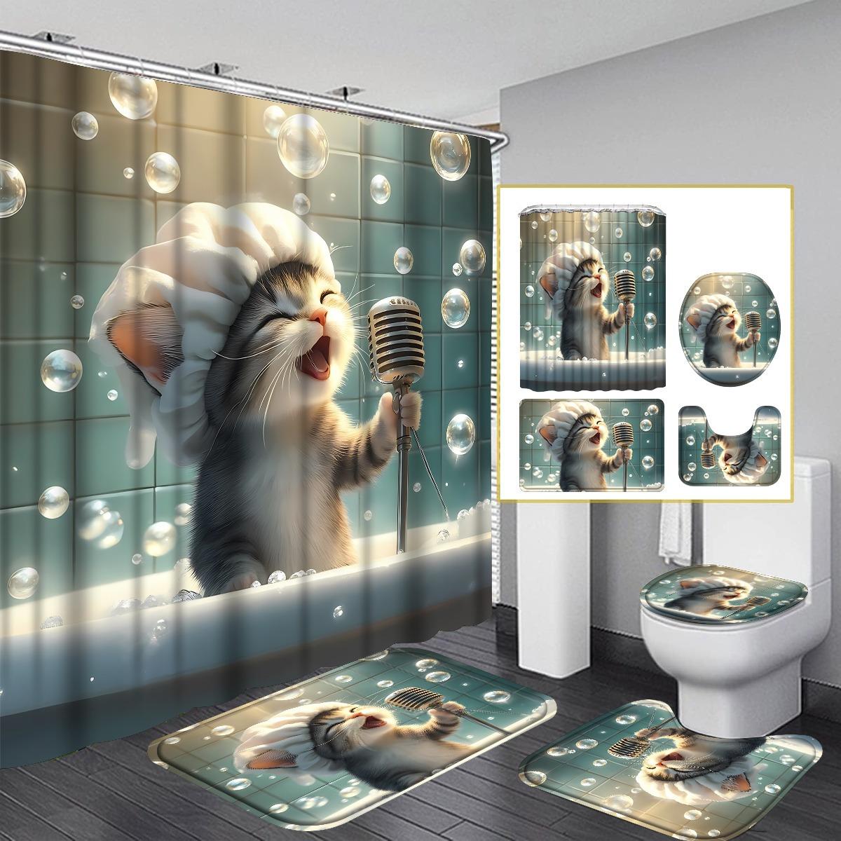 

Набор из 4 предметов: Занавеска для душа для ванной комнаты с забавным рисунком поющего кота, занавеска для ванной с 12 крючками, нескользящие коврики, коврик для крышки унитаза, перегородка для ванной комнаты 4pcs