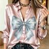 Women Satin Vintage Big Bow Print Shirt Long Sleeve Lapel Button Down Blouse Casual Office Ladies Multi Color Top