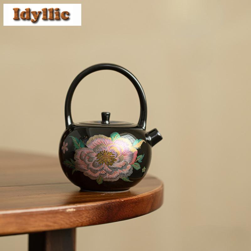 230ml Cloisonné Black Glaze Lifting Handle Teapot Japanese Tea Infuser Pot Tea Brewing Kettle With Strainer Drinkware Ornaments