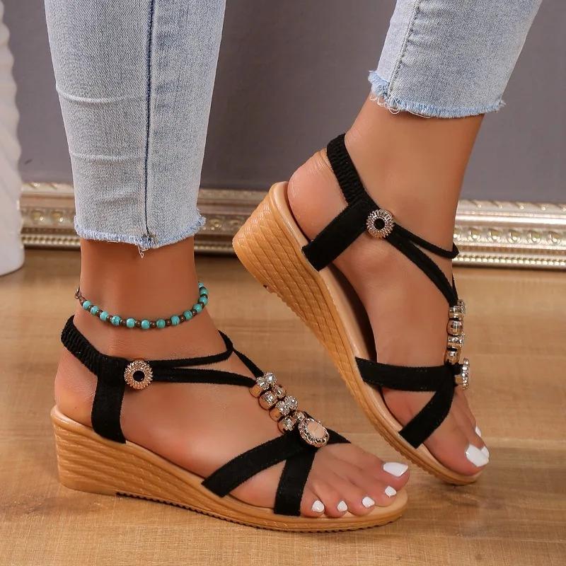 Ladies Shoes 2024 New Fashion Buckle Strap Women's Sandals New String Bead Casual Sandals Women Hot Sale Peep Toe Wedge Sandals