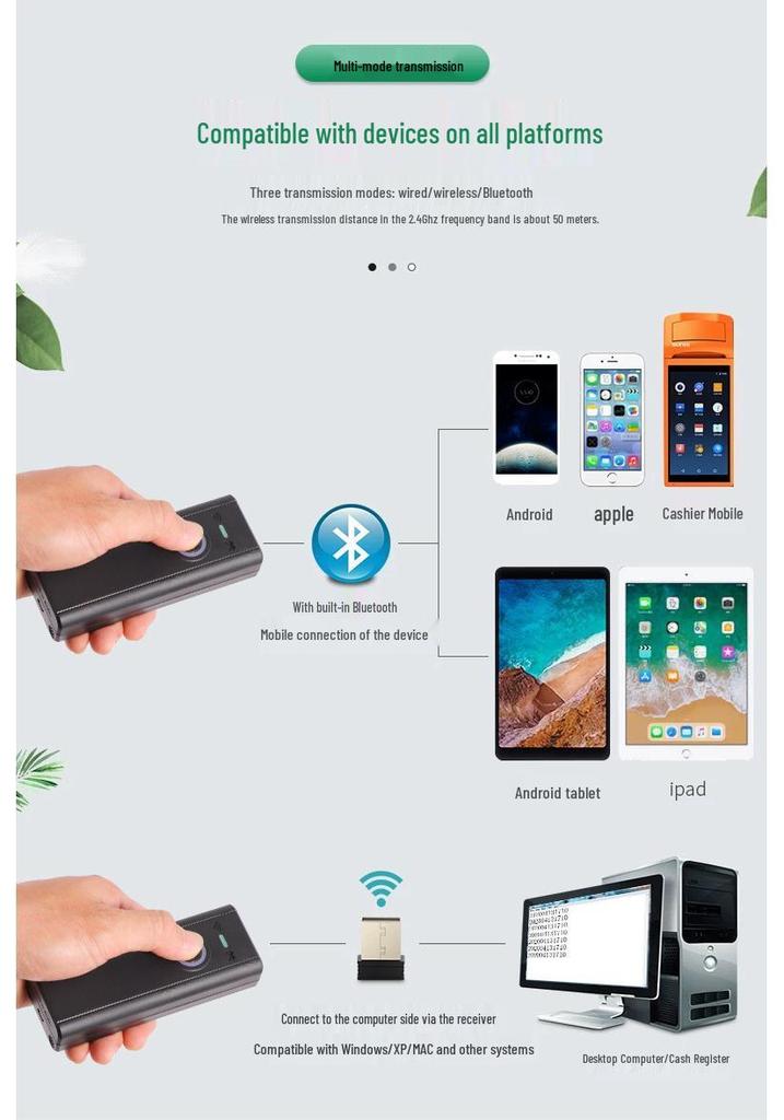 High-Speed Portable Wireless 1D/2D Scanner with Bluetooth & 2.4G Connectivity