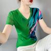 Mesh Fashion V-neck T-shirt for Women Short-sleeved Summer New Fashionable Printed Top Slim Small Shirt