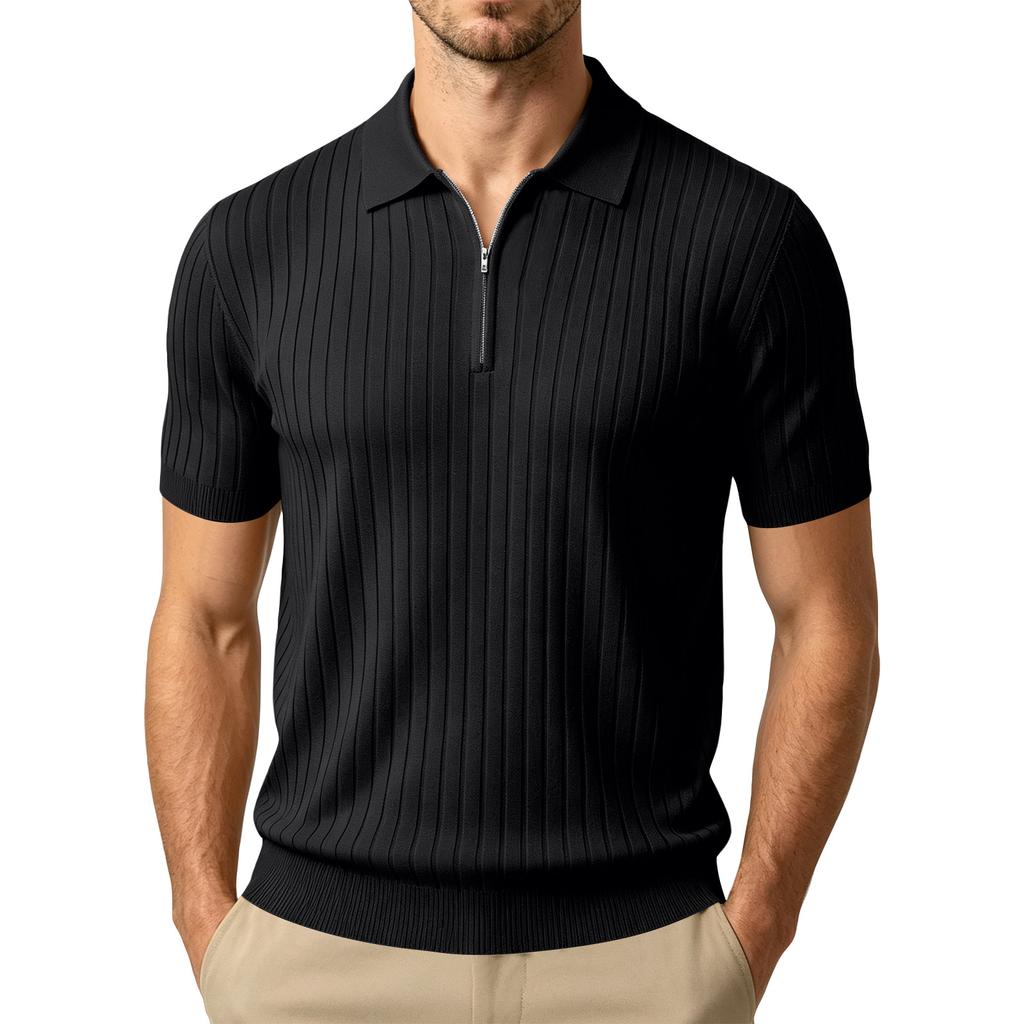 Men's Summer Short Sleeve Polo Shirt Ribbed Knit Half Zip Collar Casual Lightweight Breathable Pullover Top for Everyday Wear