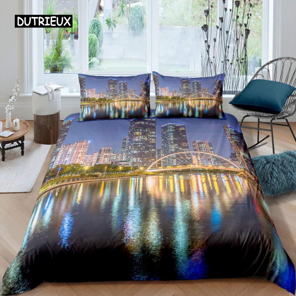 Cityscape Duvet Cover Set New York City Night View Quilt Cover for Boys Adults Microfiber Building Bedding Set 2/3Pcs King Size