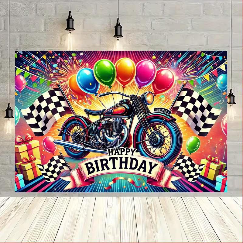 2D Biker Happy Birthday Backdrop - Motorcycle Party Photo Booth Background