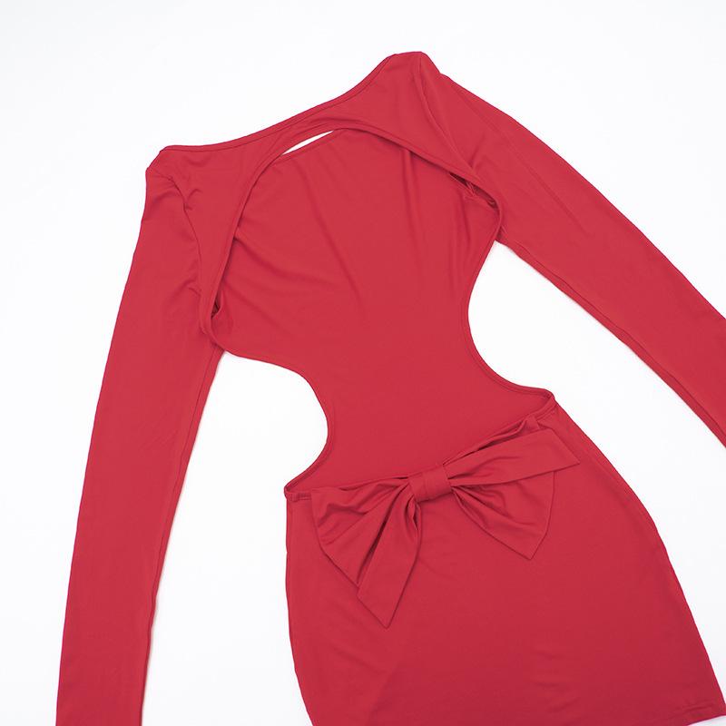 European & American Women's Autumn/Winter Solid Color Cutout Bowknot Slim Fit Long Sleeve Dress