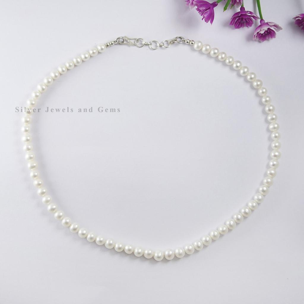 Freshwater Pearl Choker Necklace: 7mm Round, Sterling Silver Necklace