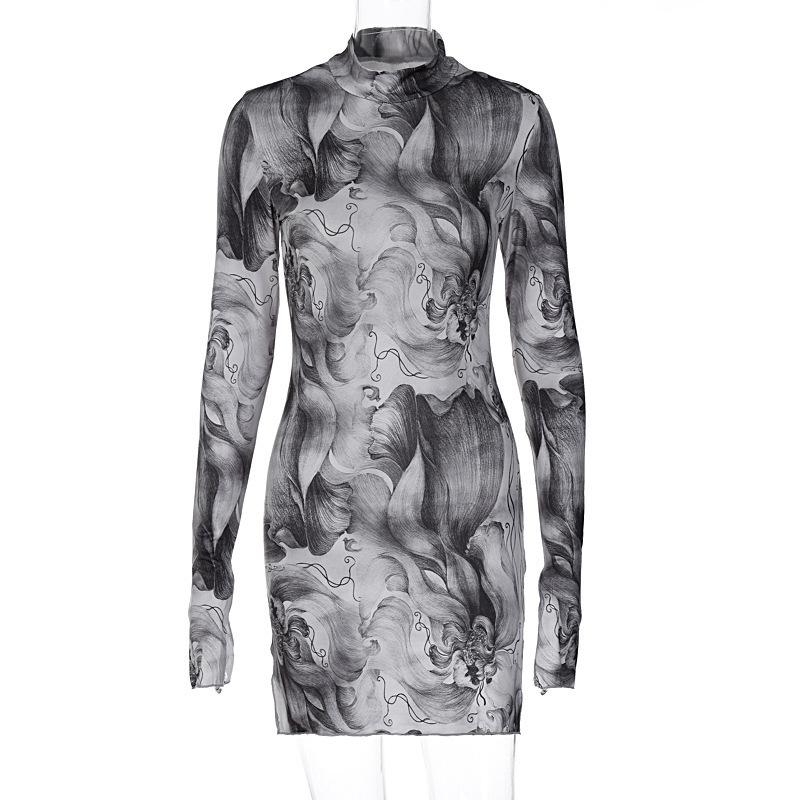 Spring and Autumn Women's Dress Fashion Sexy Long Sleeve Half High Neck Printed Slim Section Sweet and Fresh Girls Dress