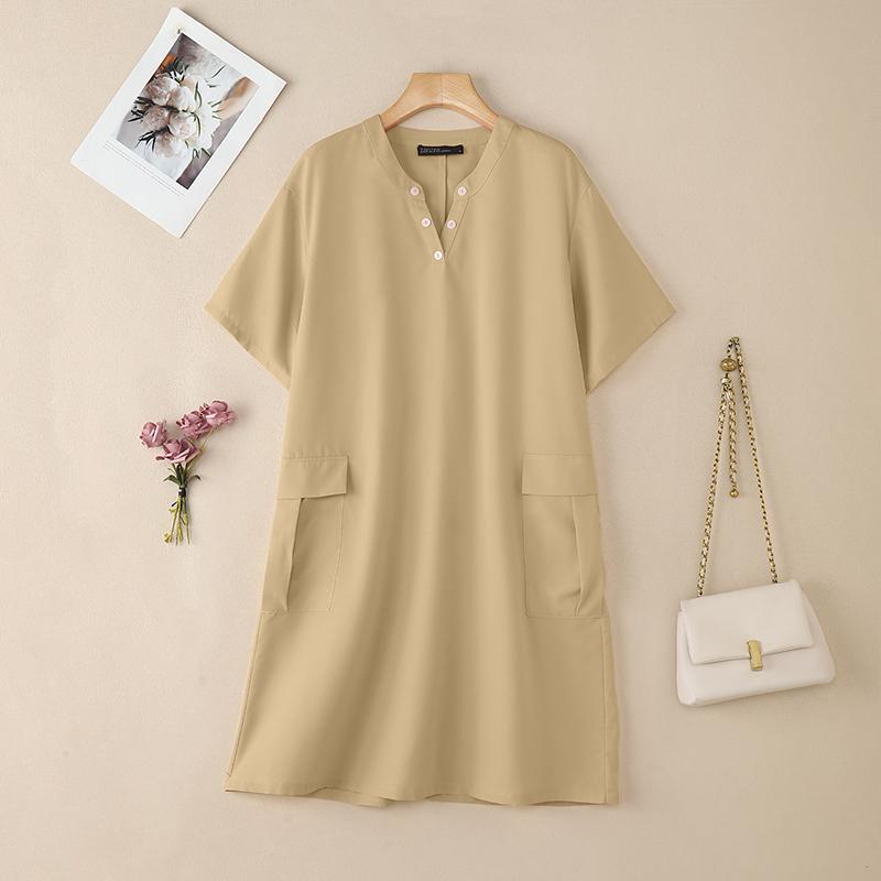 ZANZEA Women Turn Down Collar Summer Short Sleeve Casual Dress