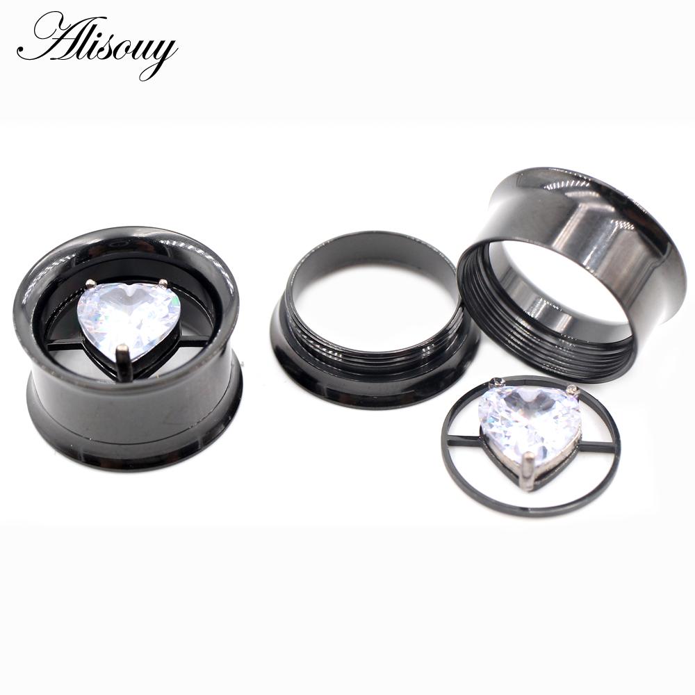 Alisouy 2PCS Stainless Steel Round Heart Zircon Ear Flesh Tunnels Plugs Expander Stretcher Double Flared Gauges Piercing Jewelry