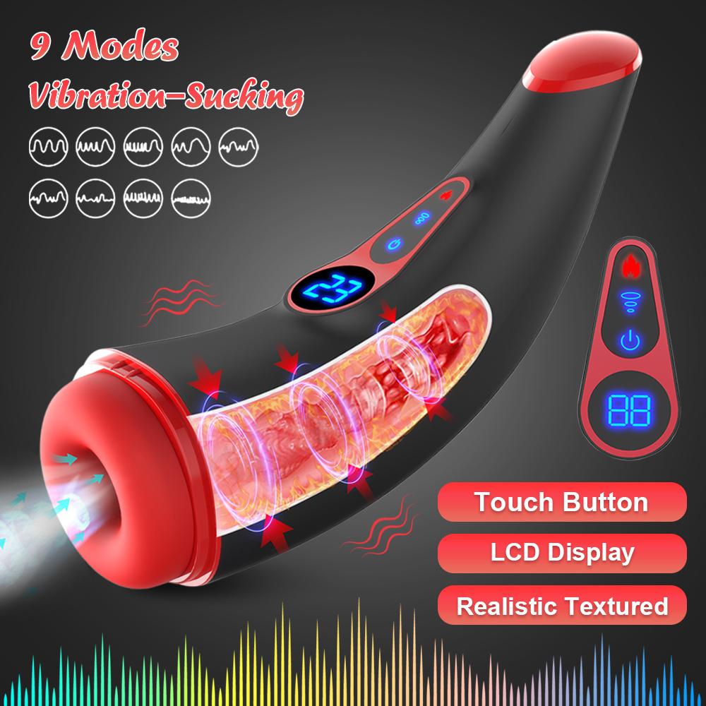 Sexuální hračky pro muže s masturbátorem – masturbační pumpa na penis s 9 režimy sání a 9 vibracemi, vyhřívání rukávů s 3D texturou, erotická pomůcka pro muže, LCD displej