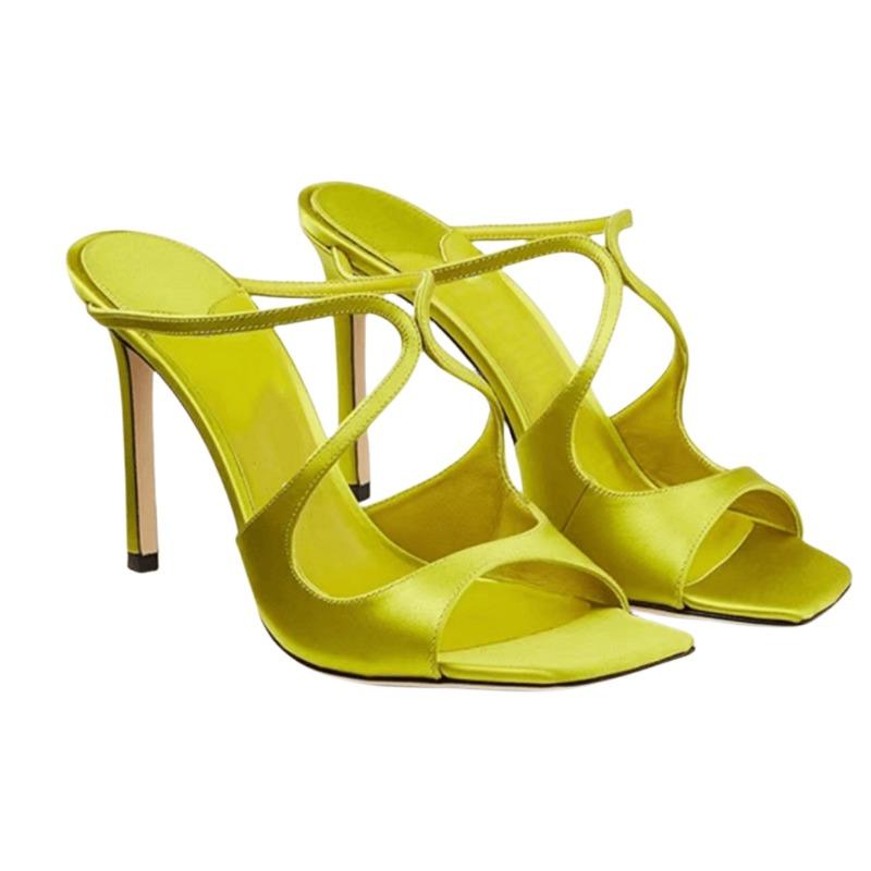 Fashion Summer New Square Head Fish Mouth Cross Belt Satins Sandals Women's Thin Heel Hollow Out Black Purple Outdoor Fashion Slippers