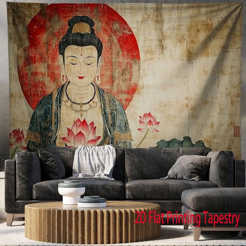 Vintage Guanyin Tapestry Wall Hanging Lotus Flower Buddhist Art Fabric Poster Retro Home Decor For Living Room Bedroom