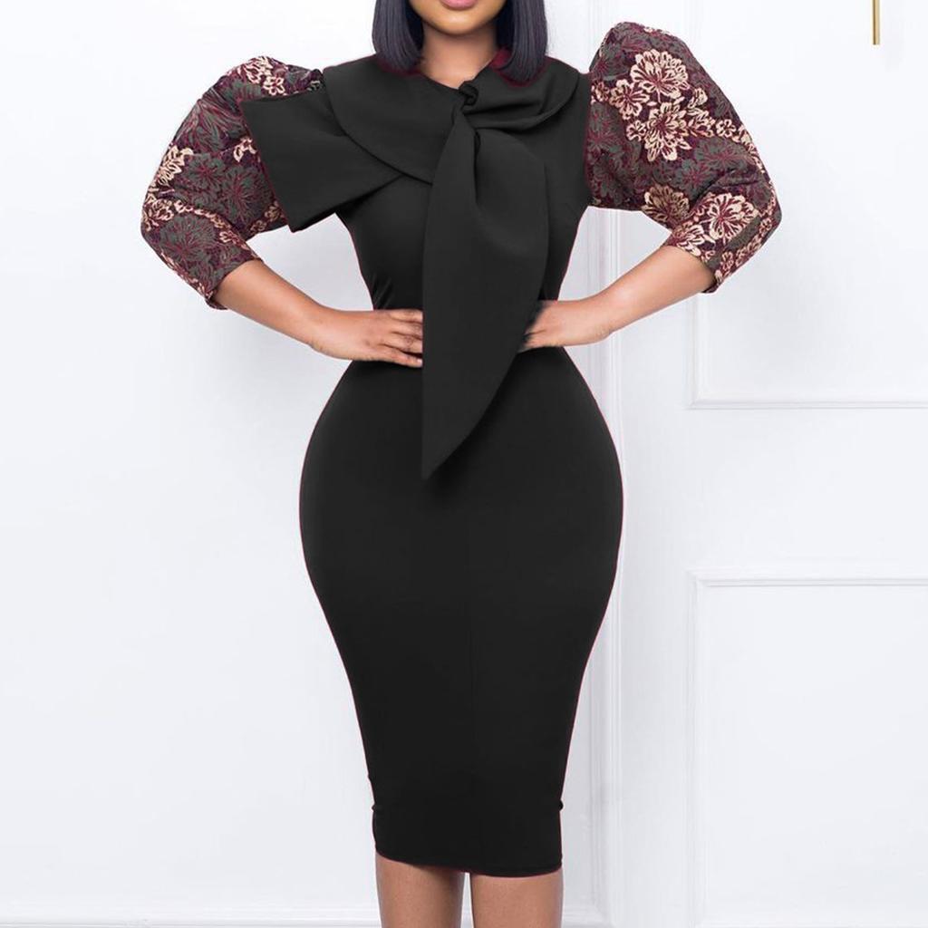 Large Size Women Spring Autumn Fashion Medium Sleeves Dress Ladies Elegant One Piece Patchwork Sheath Dress
