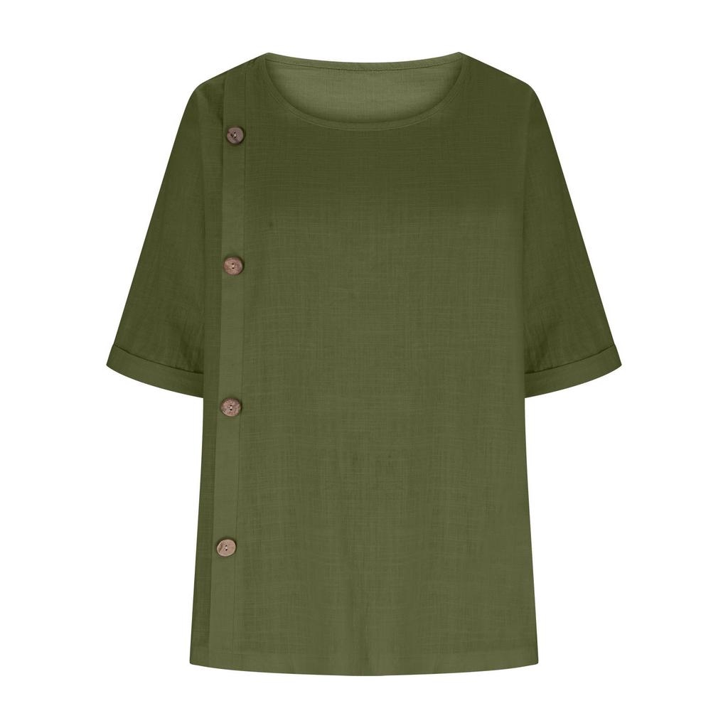 New Women's Cotton And Linen Button,down Casual Top
