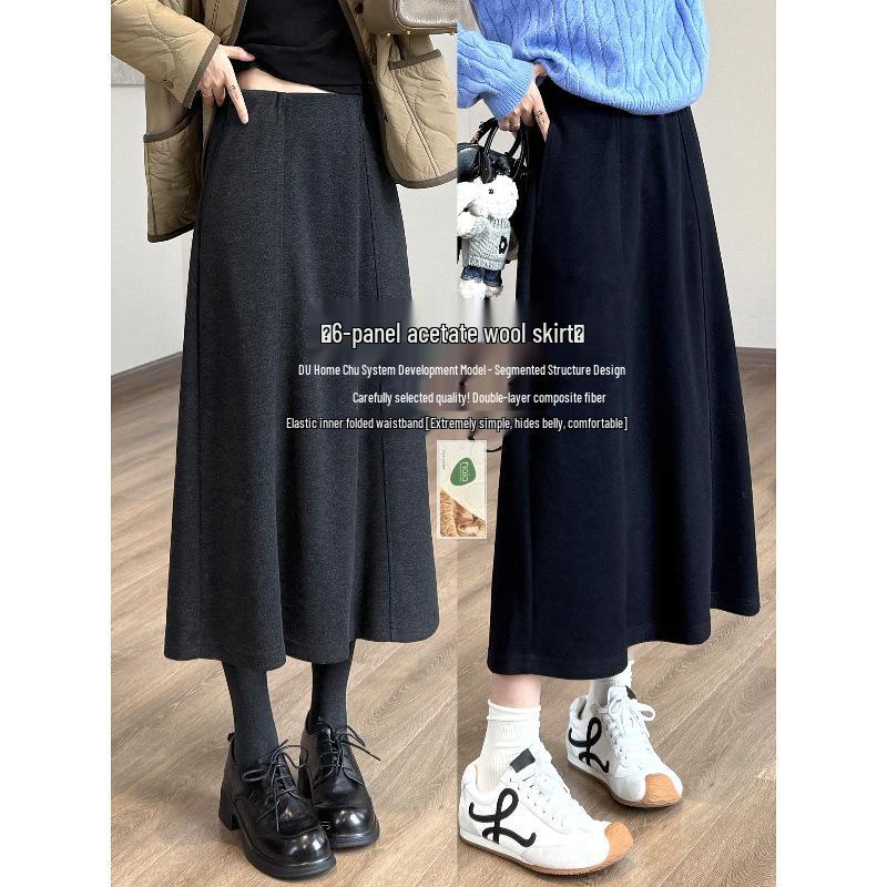 

Vinegar Wool Elastic Waist Midi Skirt: 2026 Spring 6-Panel Design with Hidden Flaws Pocket and Inner Fold Medium темно-сірий