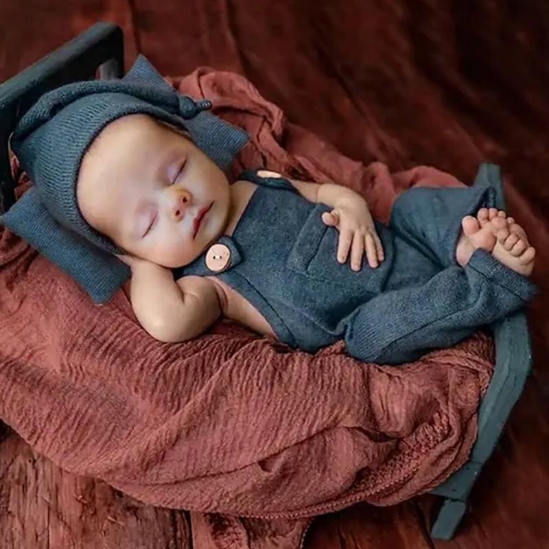 Infants Photo Shoots Apparel Set Solid Color Jumpsuits and Knotted Hat Pillow Photography Props for Baby Pictures Taking