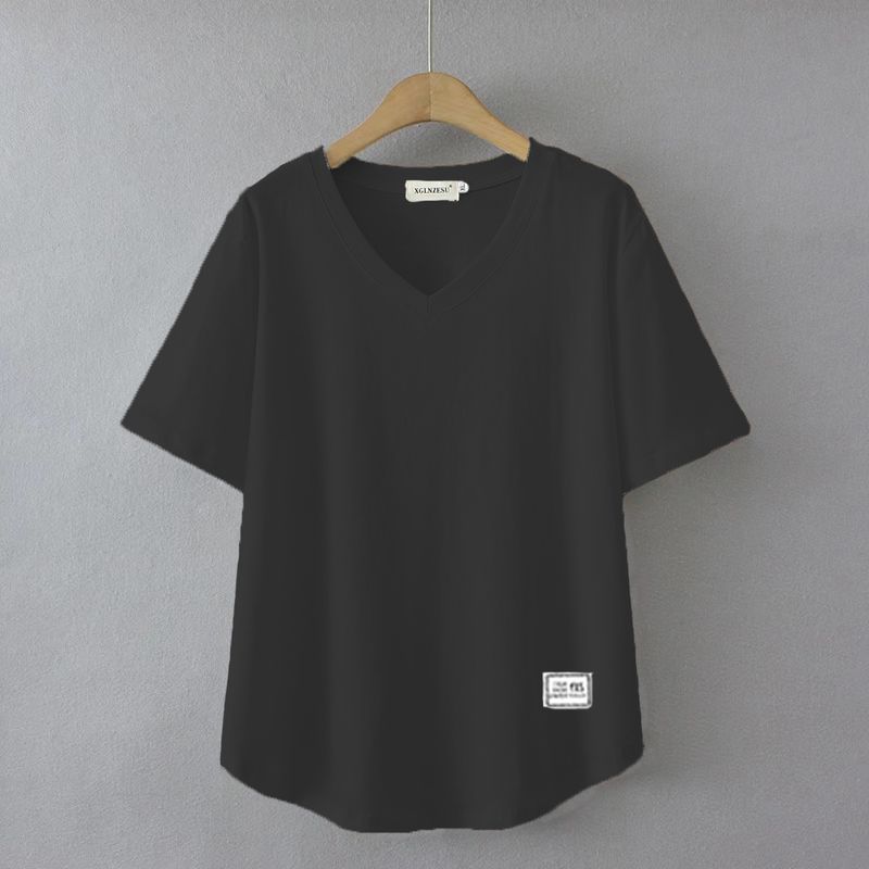 

Pure Cotton Fashion V-neck Short Sleeve T-shirt Female Summer Plus Size White Loose Tummy Hiding Slimming All-Matching Western Style Anti-Aging Top Black 4XL