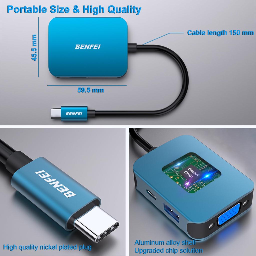 BENFEI USB C HUB USB To HDMI VGA USB C To USB USB Power Compatible with iPhone 15 MacBook iPad XPS 17 4in1, Type-C Adapter, Adapter, Type-C Delivery,
