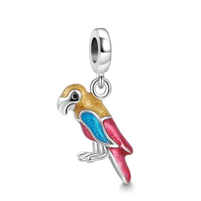 NEW Fine S925 Silver Pink Glass Flamingo Dangle Bead Pendat Fit Original  Bracelet Jewelry Shiny Colored Zircon Bird Charm