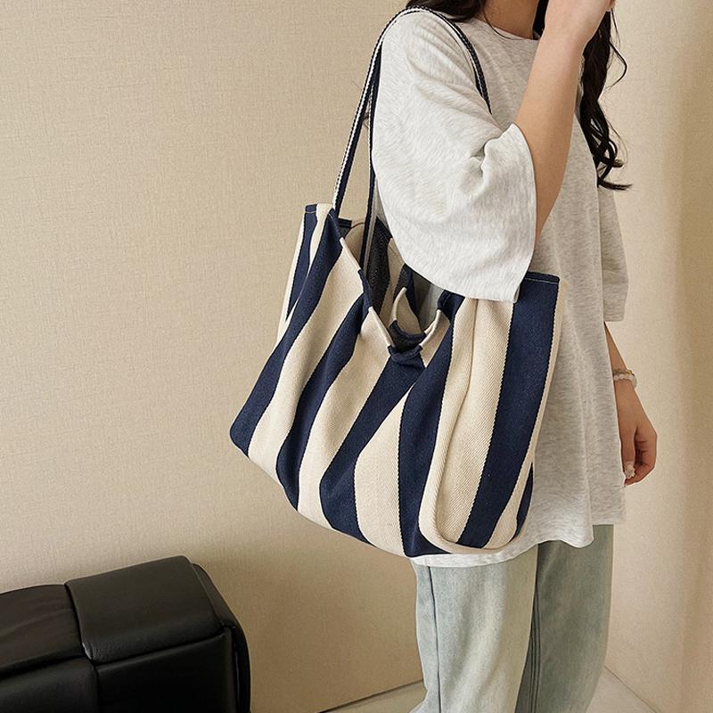 Women Striped Shoulder Bag Simple Carrying Bag Large Capacity Stylish Shoulder Purse Casual Shopping Bag Canvas Commuting Bag